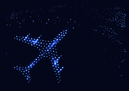 Airplane in the night sky over the night city in the lights. Abstract vector illustrationのイラスト素材