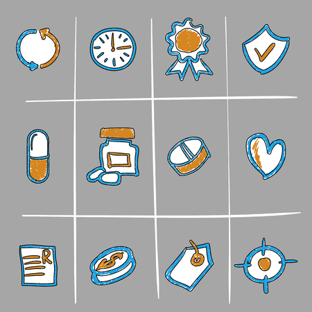 Hand drawn sketched vector medical icons or doodles. Blue and orange colorsのイラスト素材