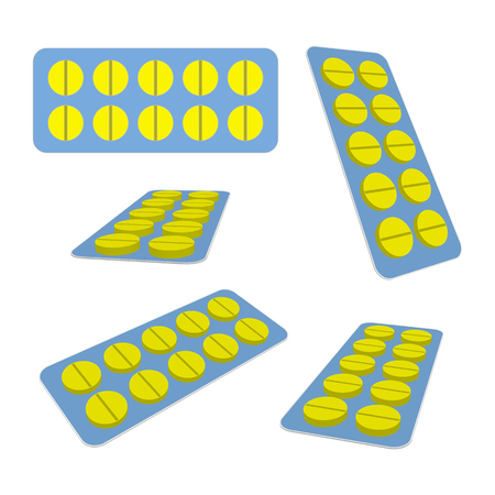 Yellow pills in the blister. Views from different angles. Medical vector illustrationのイラスト素材