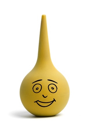Funny yellow cartoon rubber enema with a happy laughing emotion isolated on white backgroundの写真素材