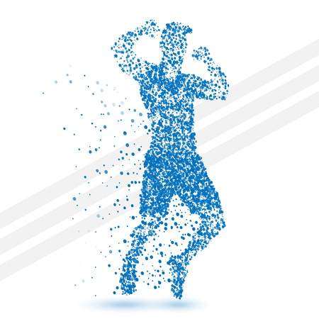 Jumping winner man symbolizing success made of small blue particles. Abstract vector illustrationのイラスト素材