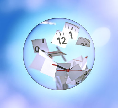 Clock broken into pieces inside a glass ball over a light blue bokeh background. 3D rendering...
