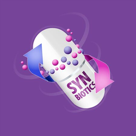 Capsule with content of antibiotic or probiotic powder with arrows around the capsule indicating the effectiveness of the drugのイラスト素材