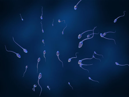 A lot of sperm searching for female egg cell on a dark blue background. 3D rendering medical...