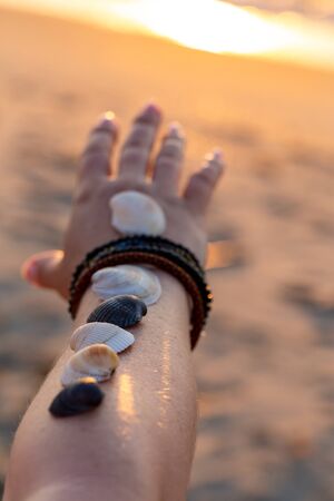 Woman holds seashells on her hand and points towards the sea. Sunrise on the beach in the early morningの写真素材