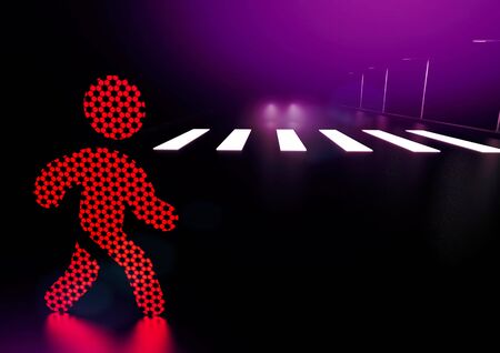 Traffic light man icon crosses the road in the wrong place at night. Careless pedestrian conceptの写真素材