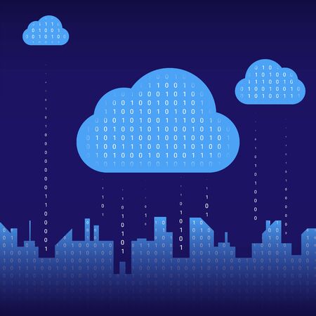 Abstract futuristic digital city silhouette, binary rain, cloud service connected, high-tech background. Network digital technology conceptの写真素材