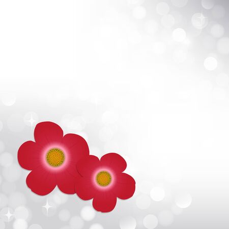 Spring silver bokeh background with red flowers and copy space. Postcard vector illustrationのイラスト素材