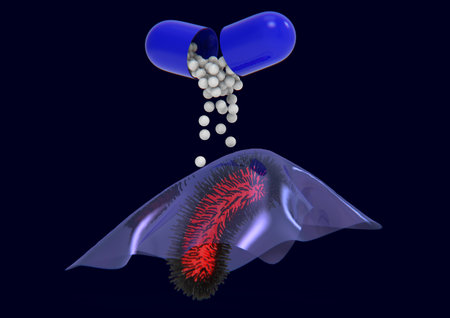 Abstract pathogen bacterium resistant to antibiotic under biofilm. Antibiotic spills out of the pill...