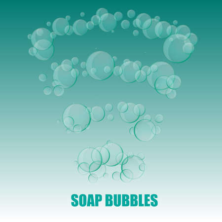 Transparent Soap Bubbles splattered on marine green background, vector illustrationのイラスト素材