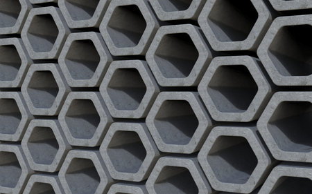 Honeycomb concrete wall texture. Abstract hexagonal architectural exterior design. 3D rendering...