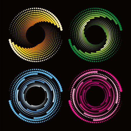 Abstract circular dots colorful halftone disco background, swirling twisted vortex, vibrant party lights, vector illustrationのイラスト素材