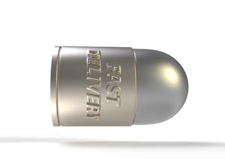 Small gun bullet with embossed lettering fast delivery isolated on white background. 3D rendering...