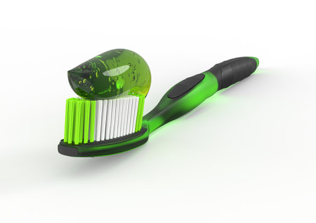 Green translucent plastic toothbrush with green transparent gel toothpaste. Three-quarter frontal view, isolated on white background. 3D rendering illustrationの写真素材