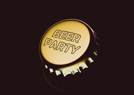 Beer bottle golden cap on dark background with beer party embossed lettering. 3D rendering illustration, close-up viewの写真素材