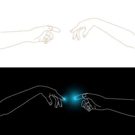 Michelangelos Adam and God hands interpretation, index fingers touching each other, man and woman connecting hands, vector outline illustrationのイラスト素材