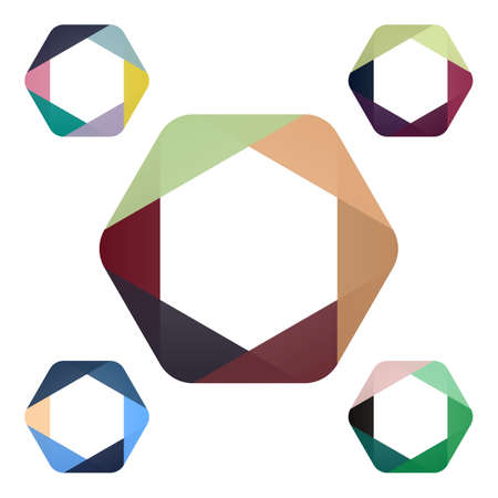 Colored tape or ribbon rolled and bent in the form of a hexagon. Infographic media or corporate identity emblem template design, vector illustrationのイラスト素材