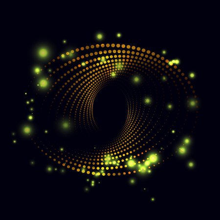 Abstract spiral ellipse shape made of halftone dots, golden color glittering sparks, vector illustration on dark backgroundのイラスト素材