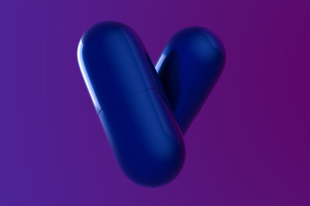 Two blue realistic medical capsules with a drug on a blue background. 3d rendering illustration,...