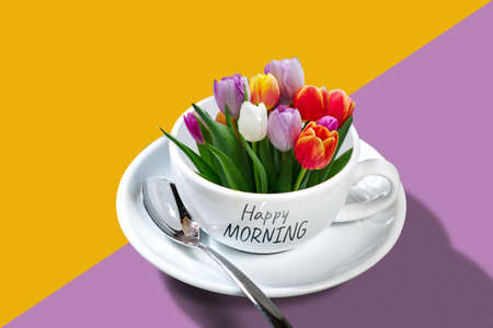 Bouquet of colorful tulips in a coffee cup with a saucer and a spoon on solid colors background. Happy morning and good mood concept illustrationの写真素材