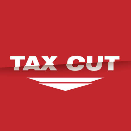 Tax cut text conceptual red and white vector poster. Cut words and arrow shows tax cut.のイラスト素材
