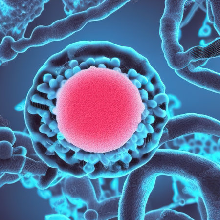 Abstract pathogenic virus cell, cancer cell under microscope, malignant tumor, digital illustrationの写真素材