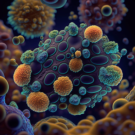 Abstract pathogenic virus cell, cancer cell under microscope, malignant tumor, digital illustration