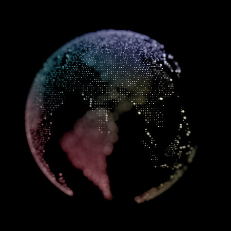 Abstract dotted earth, world map with focus on Eurasia, illuminated coastline, selective focus, bokeh, 3d rendering illustrationの写真素材