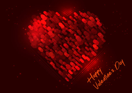 Abstract bright red heart shape made of dots on dark red background with sparks, retro neon style, for Happy Valentine's Day postcard, vector illustrationのイラスト素材