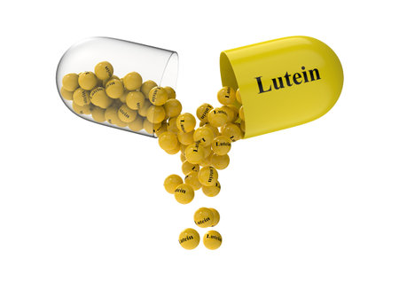 Open capsule with lutein from which the vitamin composition is poured. Medical 3D rendering illustrationの写真素材
