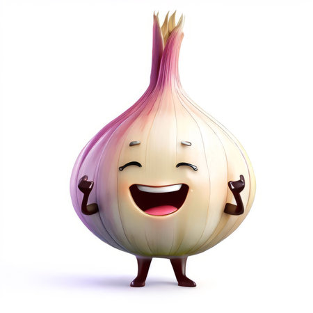 Cute cartoon 3d character of smiling ripe onion, digitally generated illustrationの素材