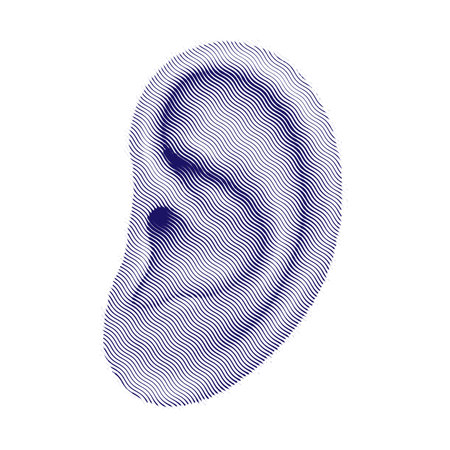 Human etched ear hand draw vintage clip art, blue wavy stamp isolated on white backgroundのイラスト素材
