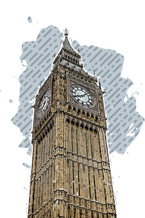 Big Ben tower sketch style illustration. Old engraving imitation. Big Ben landmark hand drawn sketch imitationの写真素材