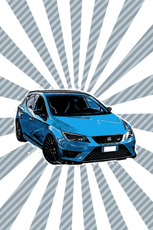 Blue modern car, seat, pop art comic style illustration, pattern backgroundの写真素材