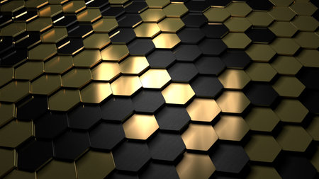 Golden hexagon cell tiling, luxury metal pattern. Gold metal scales honeycomb, hexagonal, abstract metallic background with highlights, 3d rendering illustrationの写真素材