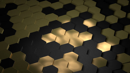 Golden hexagon cell tiling, luxury metal pattern. Gold metal scales honeycomb, hexagonal, abstract metallic background with highlights, 3d rendering illustrationの写真素材