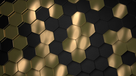 Golden hexagon cell tiling, luxury metal pattern. Gold metal scales honeycomb, hexagonal, abstract metallic background with highlights, 3d rendering illustrationの写真素材