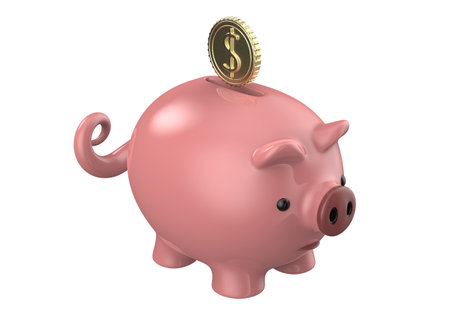 Pink piggy bank with dollar coin isolated on a white background. 3d rendering illustrationの写真素材