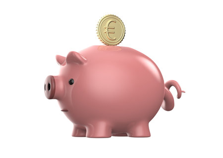 Pink piggy bank with euro coin isolated on a white background. 3d rendering illustrationの写真素材