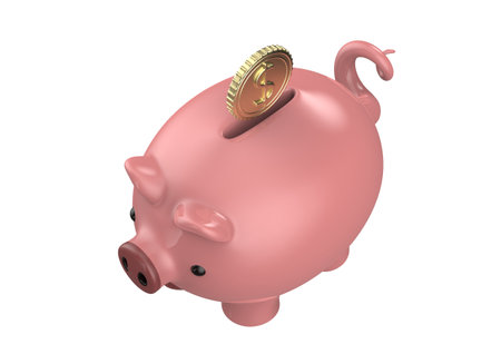 Pink piggy bank with dollar coin isolated on a white background. 3d rendering illustrationの写真素材
