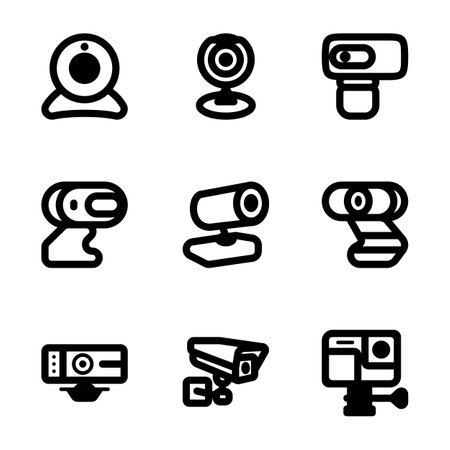 Simple modern web camera, action camera, cctv line icons set. Webcam, action cam, security camera icon. Vector illustration Isolated on a white background. Signs and symbols for mobile app ui, web site and other uses.のイラスト素材