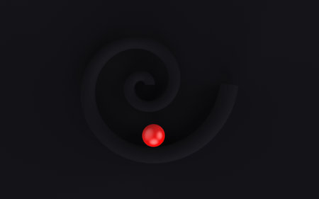 Abstract 3d shapes with bright red ball on dark gray background. A contrasting red dot in a dark maze. 3d rendering illustrationの写真素材