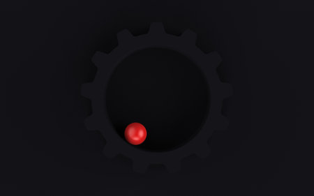 Abstract 3d shapes with bright red ball on dark gray background. A contrasting red dot in a dark maze. 3d rendering illustrationの写真素材