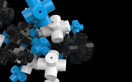 Abstract 3d hard shiny plastic crossed tubes shapes, black, white and blue colored, isolated on...