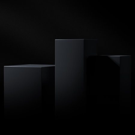 Luxury geometric black cubes podium stage. Showcase 3d background with empty product display pedestal. Presentation scene and elegant advertising shelf banner. Low key and low light studioの写真素材