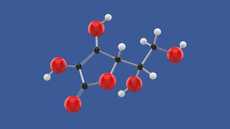 Vitamin C Ascorbic Acid 3D molecule structure, on blue background, 3D rendering illustrationの写真素材