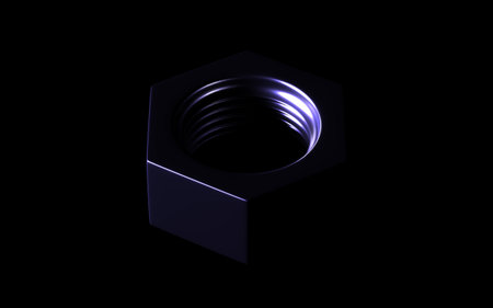 Set of 3D-rendered metal fasteners: bolt, hex nut, and wing nut with glossy, futuristic purple-blue studio lighting on a deep black background. Industrial design and technology conceptの写真素材