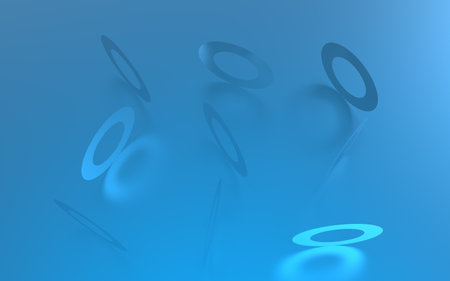 A modern 3D digital illustration featuring multiple floating, overlapping ring shapes casting soft shadows on a glossy, gradient blue surface.の写真素材