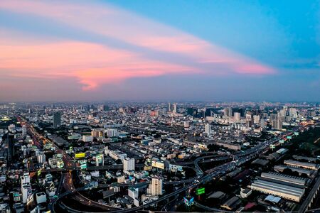 sunset megapolis Beautiful cityscape with top view on skyscrapers. Bangkok, Thailandの写真素材
