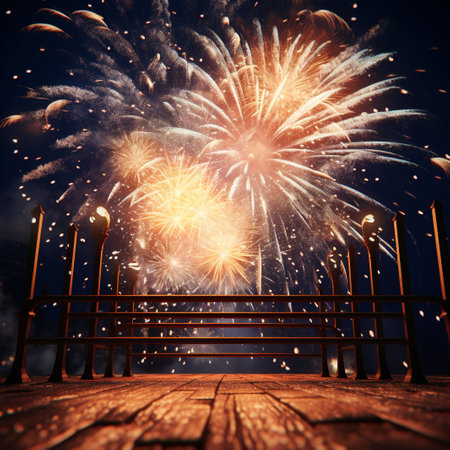 Fireworks and wooden bridge at night with space for your text.の素材